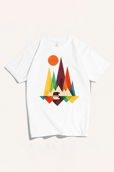 Simple Mens T-Shirt Geometric Hills Sun Bear Pattern Loose Fit Crew Neck Short Sleeve Tee Top