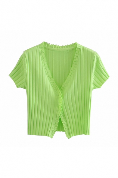 Simple Womens Green Knit Short Sleeve V-neck Button Detail Stringy Selvedge Regular Fit Crop T Shirt