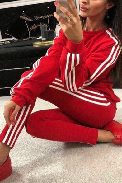Sport Womens Striped Long Sleeve Crew Neck Relaxed Sweatshirt & Ankle Skinny Pants Co-ords in Red
