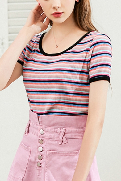 Stylish Letter Blesseds Embroidered Stripe Printed Hollow out Back Short Sleeve Round Neck Knitted Slim Fit T Shirt in Pink