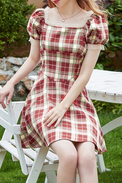 Stylish Plaid Printed Puff Sleeve Square Neck Mesh Stringy Selvedge Short A-line Dress in Red