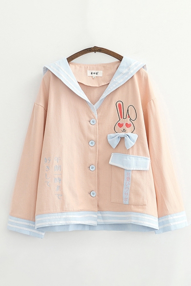 Stylish Rabbit Embroidered Contrasted Flap Pocket Bow Patched Long Sleeve Hooded Button-up Loose Jacket for Ladies