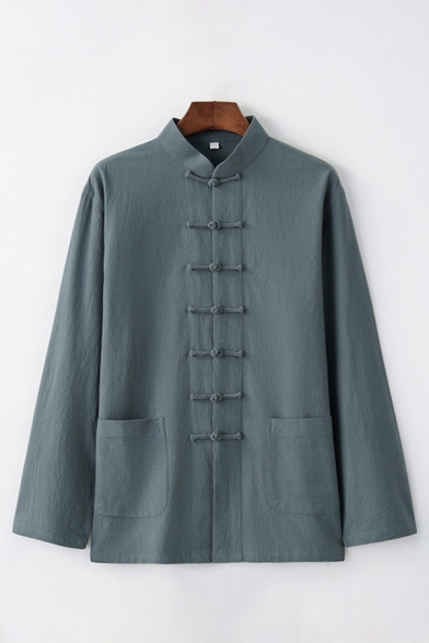 Vintage Chinese Style Simple Plain Stand Collar Frog Button Down Casual Linen Cardigan Coat Jacket