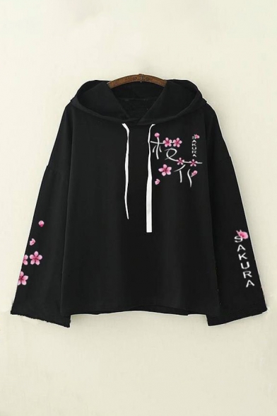 Vintage Floral Embroidery Cuffed Long Sleeve Regular Fitted Hooded Sweatshirt for Women
