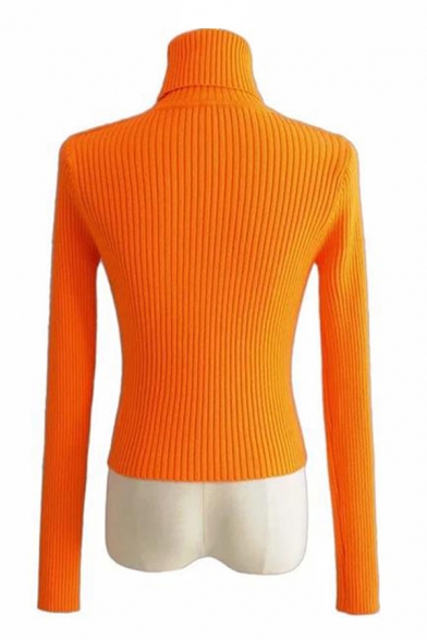 Womens Simple Plain Turtleneck Long Sleeve Sexy Fitted Cropped Pullover Sweater Top