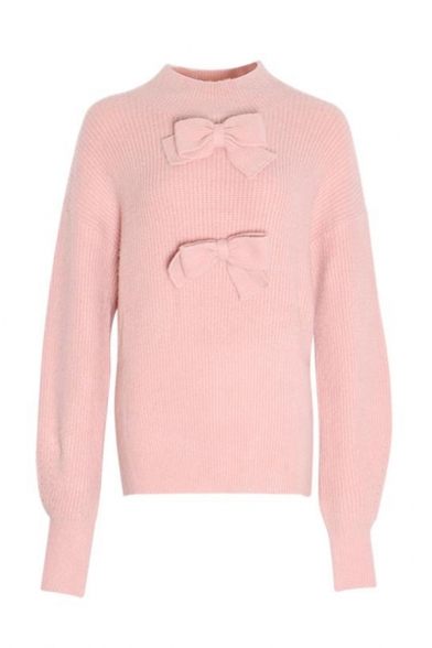 Womens Unique Bowknot Embellished Bishop Sleeve Mock Neck Apricot Pullover Sweater