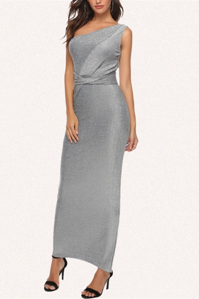 Banquet Womens Glitter Oblique Shoulder Slit Sides Long Sheath Dress in Gray