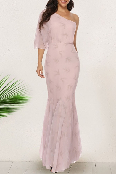 Boho Ladies Pink Allover Floral Printed Single Sleeve Oblique Shoulder Maxi Fishtail Dress