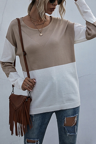 

Casual Womens Color Block Crew Neck Long Sleeve Loose Pullover Sweater Knit Top in Apricot, LM678523