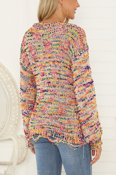 Chic Girls Colorful Knitted Long Sleeve Round Neck Ripped Hem Regular Fit Pullover Sweater in Yellow