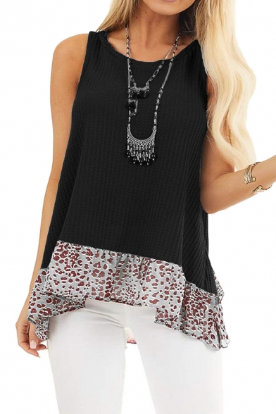 Chic Leopard Printed Patched Sleeveless Round Neck Loose Fit Waffle Tank Top