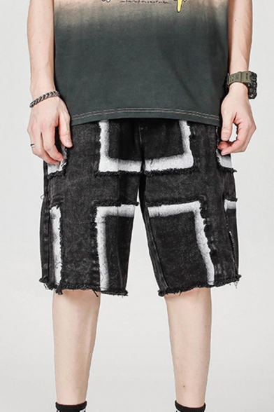 Chic Mens Shorts Colorblock Raw Edge Mid Rise Pocket Zipper Button Oversize Shorts in Black