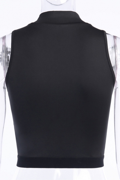 Cool Girls Black Sleeveless Stand Collar Zip up Cut-out Buckle Straps Fit Cropped Tank Top