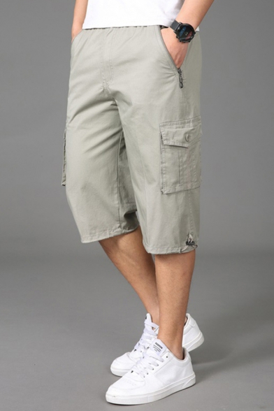 Cool Shorts Solid Color Flap Pocket Drawstring Zipper Applique Elastic Mid Rise Regular Fit Shorts for Men