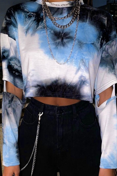 Edgy Girls Tie Dye Printed Cut out Long Sleeve Crew Neck Relaxed Crop Tee Top in Blue