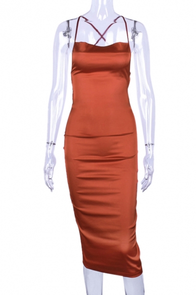 Elegant Ladies Satin Solid Color Spaghetti Straps Cowl Neck Mid Bodycon Slip Dress