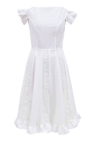 Elegant Womens Patchwork Gathered Waist Ruffle Hem Crew Neck Butterfly Sleeve Midi Fit&Flare Dress in White
