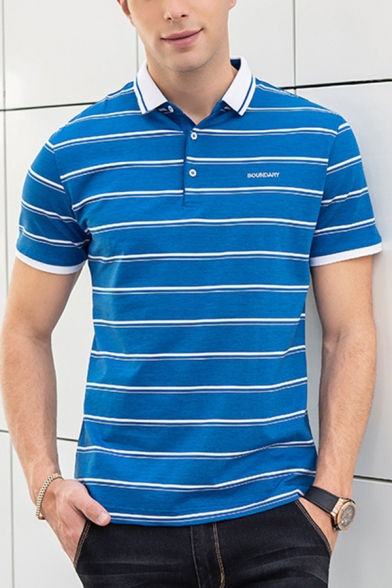Doufine Mens Short Sleeves Polo Striped Flat Collar Shirt Top T-Shirt 