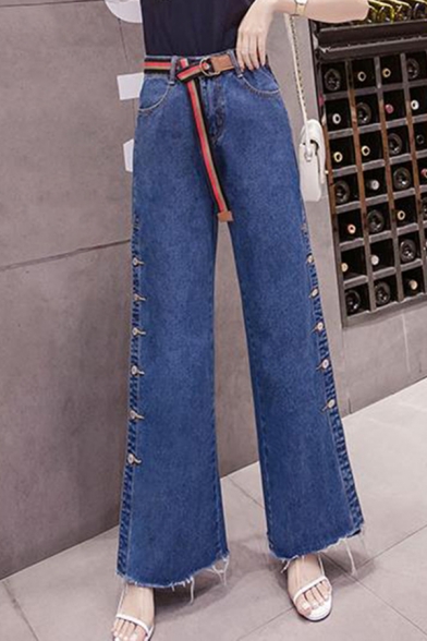 Fashion Street Women's Mid Rise Button Down High Slit Full length Fitted Flared Jeans in Blue