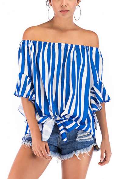 Fashion Womens Striped Print Open Back Tie Front Off the Shoulder Flare Cuff Sleeve Relaxed Fit Blouse Top