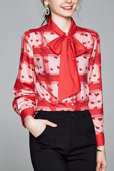 Formal Red Allover Heart Printed Checkered Long Sleeve Bow Tied Neck Button-up Relaxed Shirt Top for Ladies