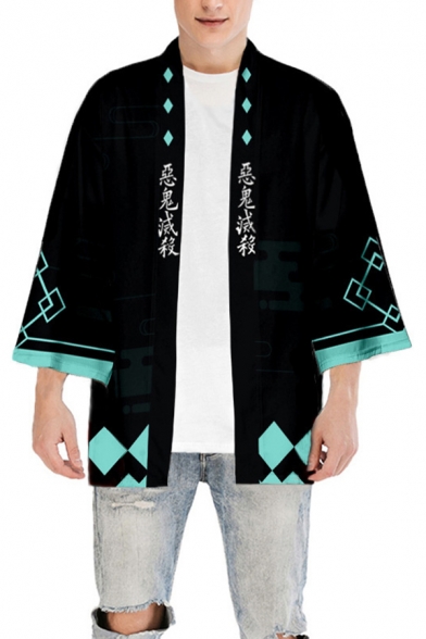 Harajuku Guys Chinese Letter Rhombus Graphic Long Sleeve Open Front Relaxed Fit Black Kimono