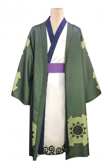 Harajuku Surplice Neck Contrasted Long Relaxed Kimono & Geometric Printed Long Sleeve Oversize Coat Set in Green