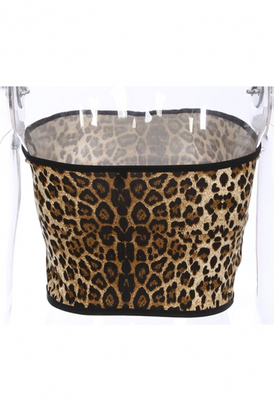 Hot Streetwear Sleeveless Strapless Leopard Printed Drawstring Pom Pom Tie Brown Slim Crop Tube Top for Girls