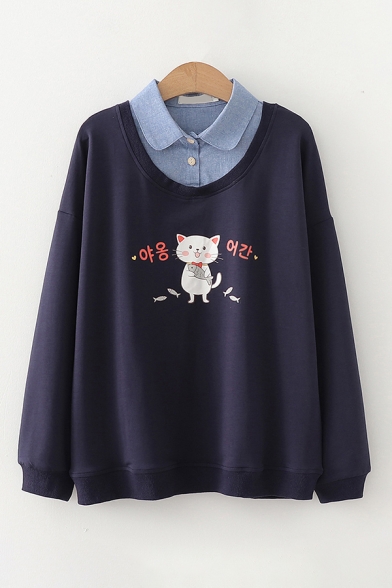 Leisure Girls Korean Letter Cat Graphic Polo Collar Patchwork Long Sleeve Loose Pullover Sweatshirt