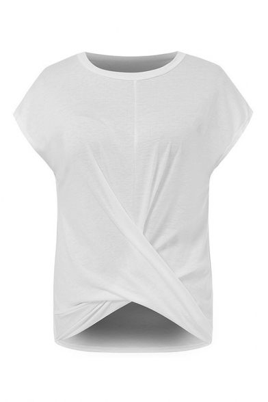 Leisure Womens Solid Color Short Sleeve Round Neck Criss Cross Regular Fit T Shirt
