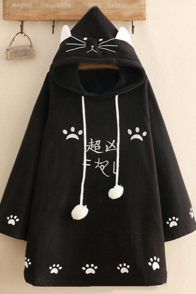Lovely Cat Ear Mathematical Formula Japanese Letter Print Loose Drawstring Hoodie Cape