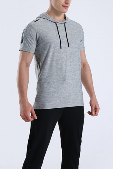 Mens Fashion Cotton Solid Color Short Sleeve Drawstring Hooded T-Shirt