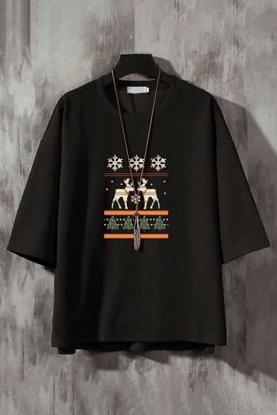 Mens Fashion T-Shirt Snowflake Deer Christmas Tree Pattern 3/4 Sleeve Crew Neck Loose Fit T-Shirt