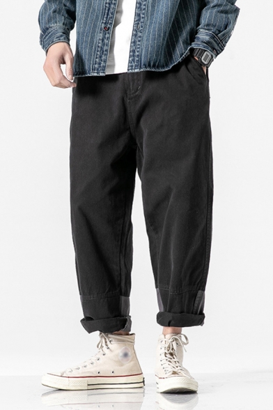 Mens Lounge Pants Stylish Contrasted Paneled Rolled Cuffs Zipper Fly Cuffed Full Length Tapered Fit Lounge Pants