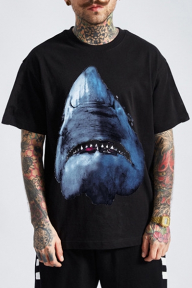 Mens T-Shirt Vintage Shark Printed Crew Neck Short Sleeve Regular Fitted T-Shirt