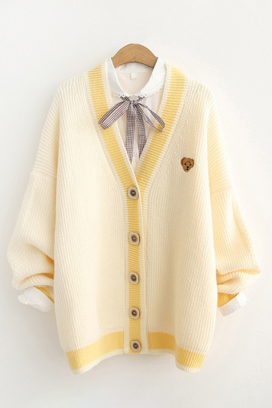 Popular Bear Embroidered Long Sleeve V-neck Contrasted Knit Loose Fit Cardigan in Yellow