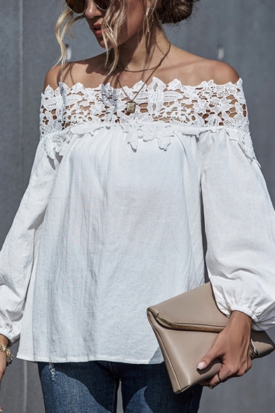 Pretty Hollow Out Lace Patchwork Open Back Off the Shoulder Bishop Long Sleeve Loose T-Shirt for Women