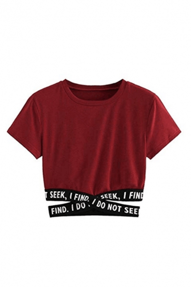 Sexy Girls Letter I Do Not Seek I Find Print Tape Panel Hollow Out Short Sleeve Crew Neck Slim Fit Cropped Tee Top Beautifulhalo Com