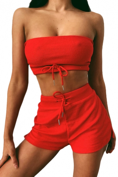 Sexy Ladies Solid Color Strapless Drawstring Cropped Tube & Slim Fit Shorts Set