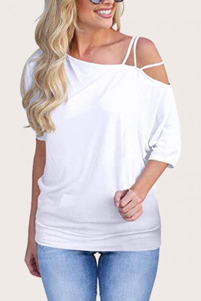 Simple Girls Solid Color Short Sleeve Asymmetric Hollow out Cold Shoulder Loose Tee