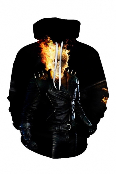 Simple Mens 3D Hooded Sweatshirt Skull Fire Pattern Drawstring Pocket Regular Fit Long-sleeved Hoodie