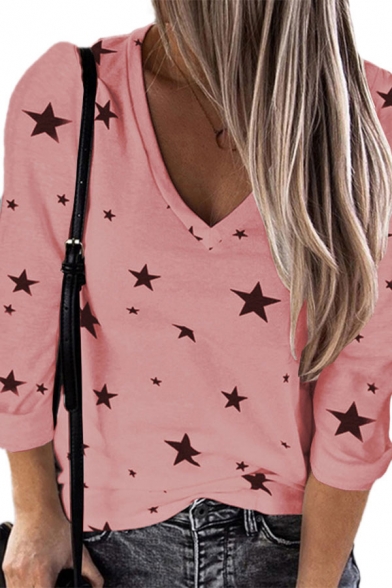 Simple Womens Contrast Star Printed Long Sleeve V Neck Relaxed Fit Tee Top