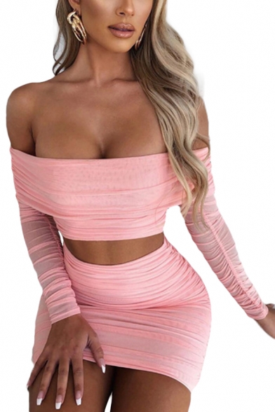 Stylish Long Sleeve Off the Shoulder Fit Crop T Shirt & Ruched Mini Bodycon Skirt Set in Pink