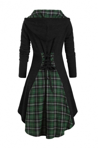 Stylish Womens Plaid Printed Long Sleeve Hooded Knit Lace-up Back Patchwork Long Duffle Coat
