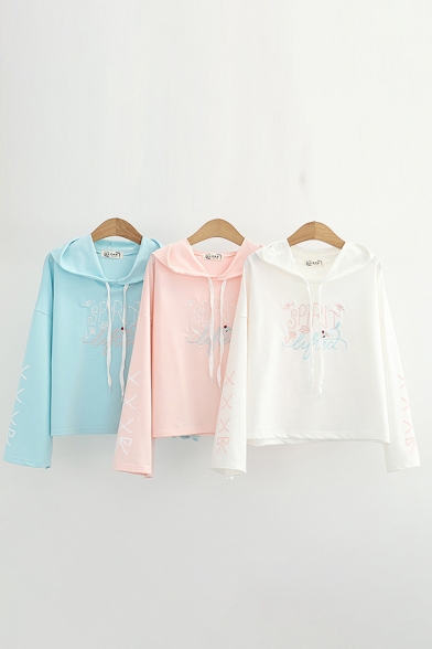 Trendy Letter Spirit Embroidery Bow Printed Long Sleeve Drawstring Relaxed Hoodie