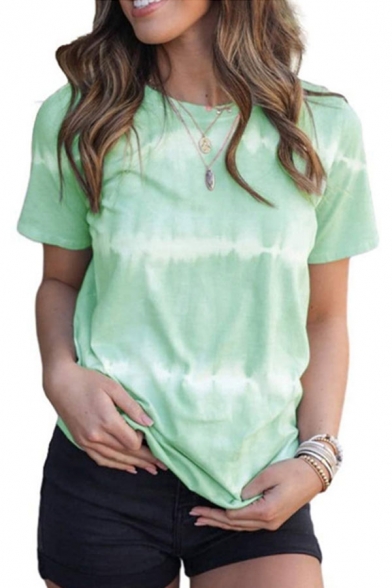 Trendy Summer Dip Dye Printed Crew Neck Short Sleeve Loose Fit Tee Shirt for Ladies