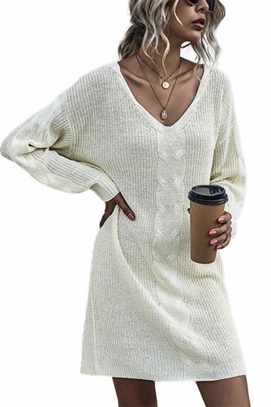 Beige Chic Patchwork V Neck Long Sleeve Knitted Mini Swing Sweater Dress for Women