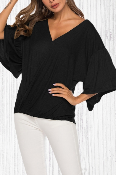 Casual Womens Solid Color High Low Hem Twist Front V Neck Bell Sleeve Relaxed Fit Tee Top