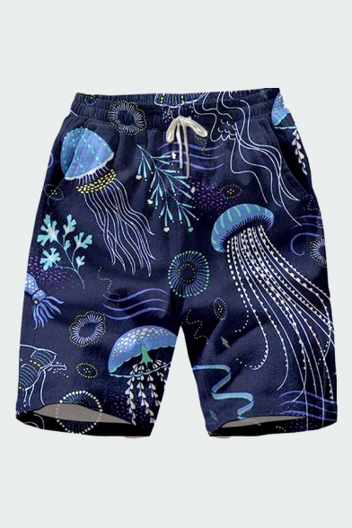 Chic 3D Relax Shorts Cartoon Animal Jellyfish Octopus Leaf Line Pattern Drawstring Pocket Straight Fit Mid Rise Knee Length Relax Shorts for Men