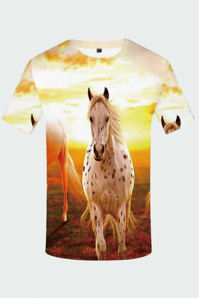 Chic 3D Tee Top Animal Spotted Horse Prairie Pattern Short Sleeve Crew Neck Fitted T-Shirt for Men